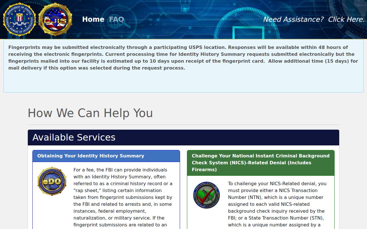 Adams County arrest history FBI fingerprint request channel