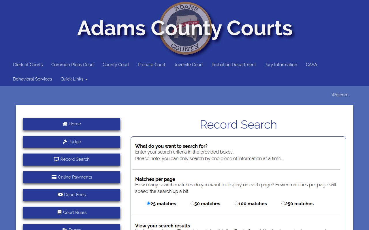 Adams County criminal court case record search fields