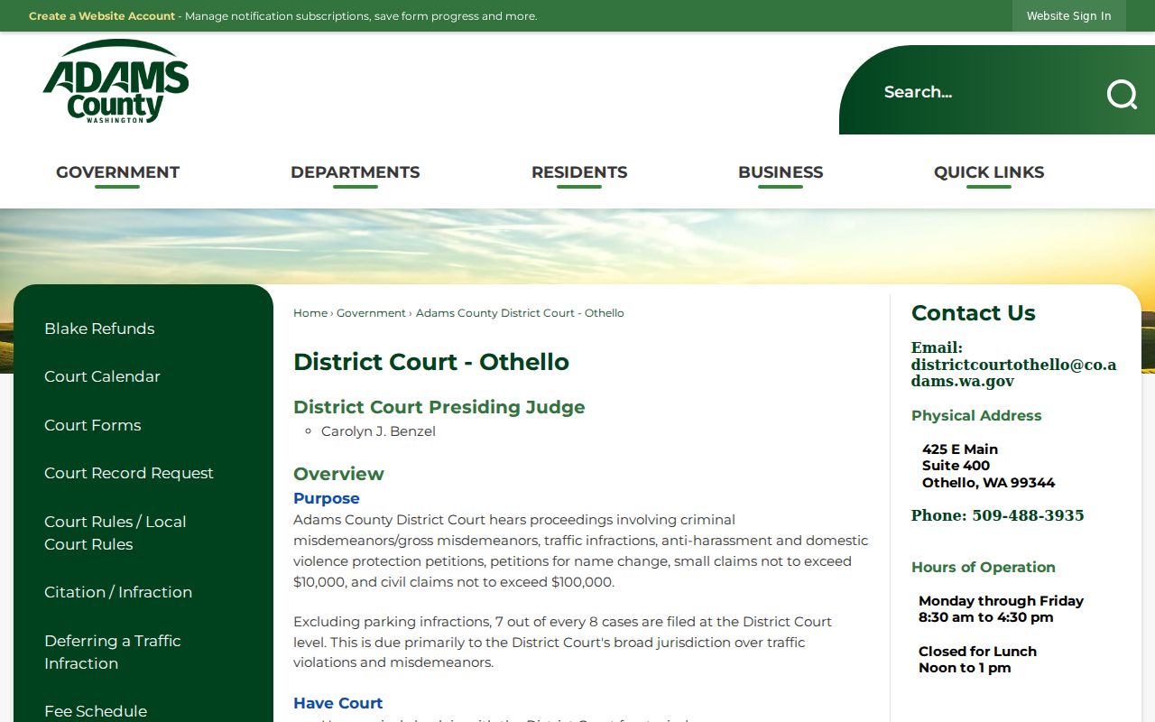 Othello criminal court records information for Adams County District Court